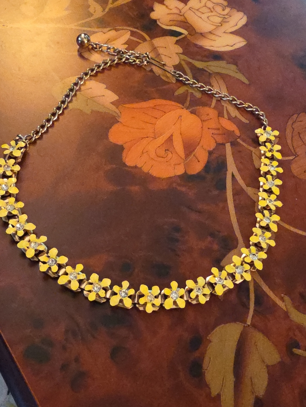 Vintage Mid Century Modern Yellow Floral Crystal Accent Necklace
